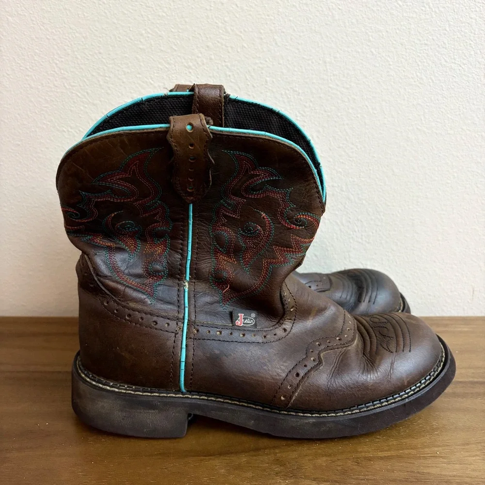 Justin Cowboy Boots 11B Brown Leather Turquoise Stitch Western Kids L9607